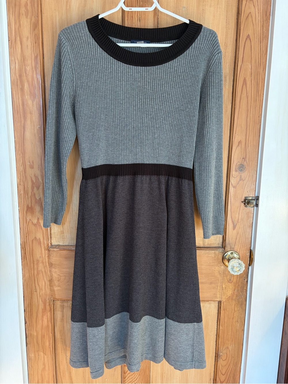 Tommy Hilfiger Gray and Black Long Sleeve Fit-and-Flare Knit Dress